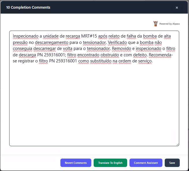 Completion comments in Portuguese (before)