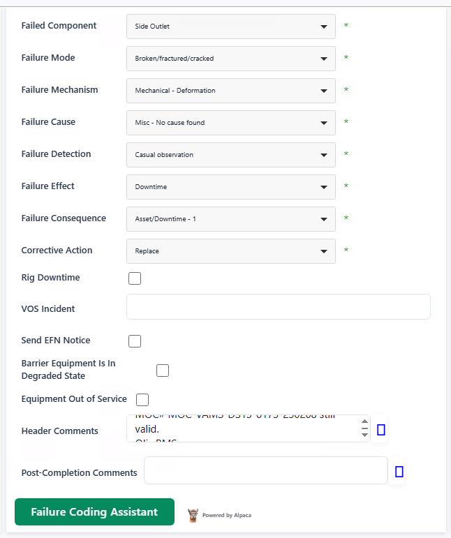 Failure Coding Assistant form with auto-populated fields